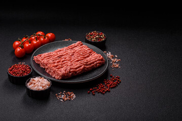 Raw ground beef meat food, ingredient for making cutlets or meatballs. Raw ground beef