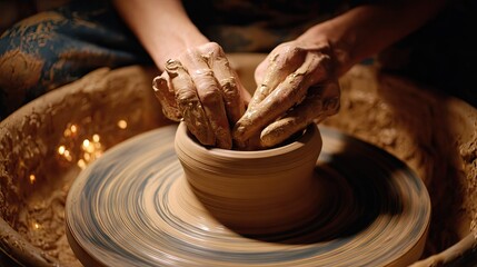 Skilled hands shape clay on a pottery wheel.