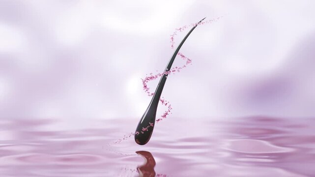 3D animation of a shiny hair strand floating with glowing DNA particles, symbolizing hair serum, scalp treatment, and beauty technology.

