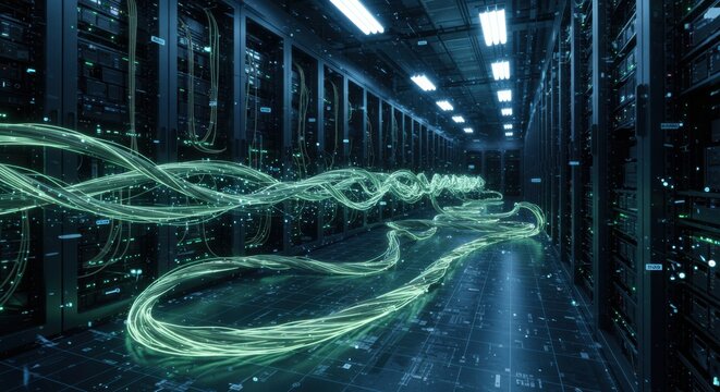 Futuristic data flow through a modern server room with glowing green cables