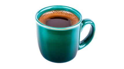 Decorative teal mug filled with hot coffee placed on white background