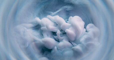Swirling cloud. Color water. Defocused white blue paint in liquid blend round vapor circling on...