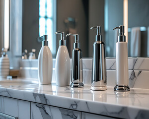 A neatly arranged bathroom counter with several soap dispensers and a mirror above, enhancing the room's functionality.