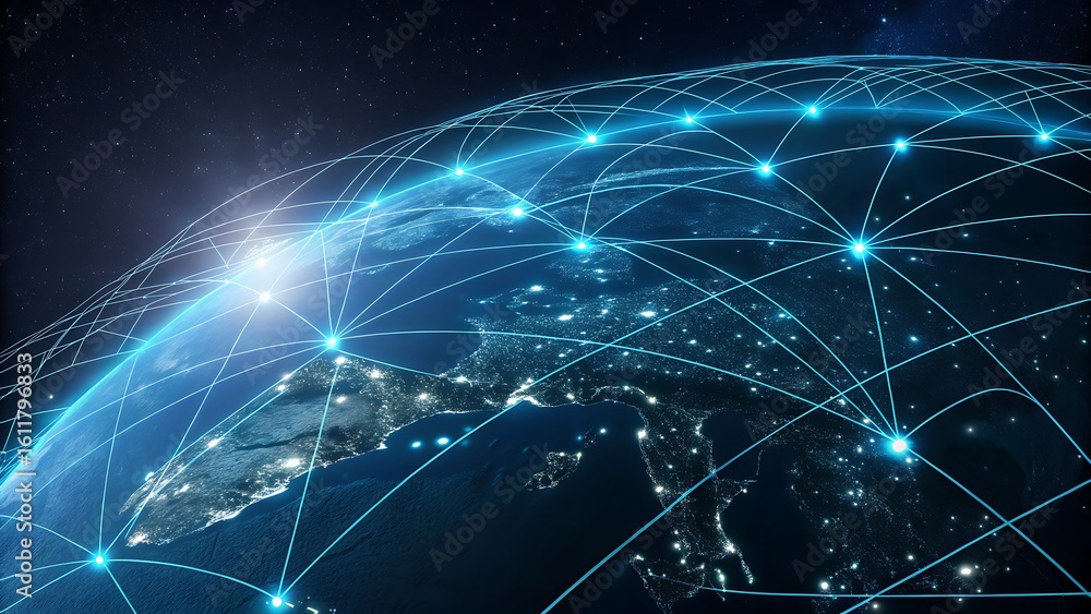 Poster global network visualization: earth connected by bright lines representing future communication, dig
