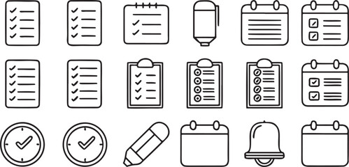 Isolated to-do list and productivity planner icons, black line vector style, checklist clipboard, reminder bell, sticky note, calendar event, alarm clock, priority task, focus goal symbols