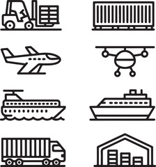 Commercial Transport Linear Icon Collection Forklift, Pallet, Container, Plane, Drone, Helicopter, Ship, Train, Cargo Truck, Warehouse Vector Pictograms