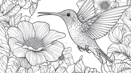 Obraz premium Black and white hummingbird in floral background, coloring book art, printable