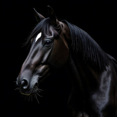 Majestic black horse with white star marking on dark background portrait.