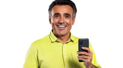 Man holding smartphone while smiling in bright green polo shirt