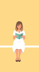 Woman in white dress reading a teal book while sitting on a ledge.