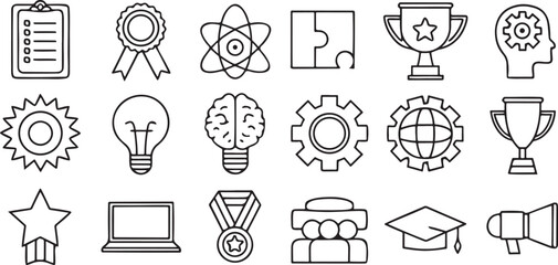 Isolated black skill development and training icon set, editable vector elements, lightbulb idea, certificate badge, puzzle brain, trophy, talent growth, knowledge, education plan, learning chart