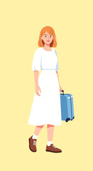 Woman in white dress with blue suitcase and brown shoes ready for travel.