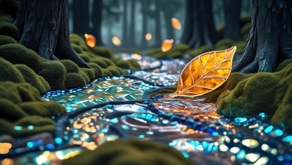 Fantasy Nature Art: A Captivating View of a Crystal-Clear Stream with Luminous Gold and Silver Reflections in a Deep Forest

