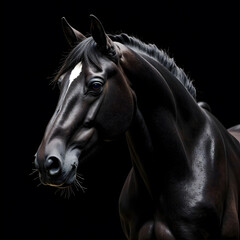 Majestic black horse with shiny coat on dark background captured in studio light.