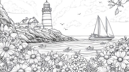 Fototapeta premium Lighthouse scene with sailboat and flowers, coloring book illustration, printable art