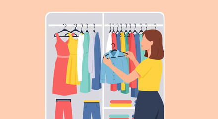 Woman in yellow shirt selecting a light blue buttondown shirt from her colorful wardrobe.