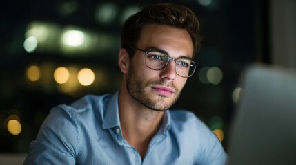 Obraz premium Young Professional Working Late at Night with Laptop in Office