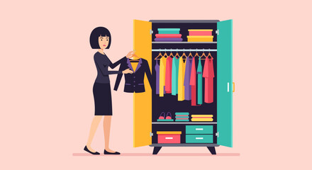 Woman selecting a dark blazer from a colorful wardrobe choosing outfit.