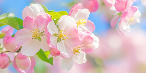 Close-up of pink and white apple blossoms with yellow stamens and green leaves on a blurred blue background. Spring bloom. Copy space.
