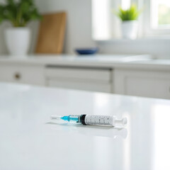 Syringe filled with blue liquid lying on a glossy white kitchen counter, realistic photo style, home kitchen background, concept of healthcare