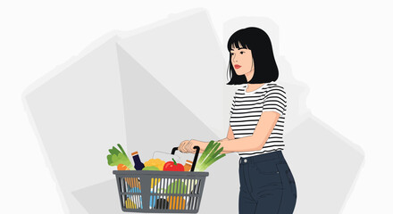 Woman with Black Bob and Striped Shirt Pushing Shopping Basket Full of Groceries.