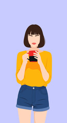 Woman with Bob Haircut Holding a TwoTone Mug in Casual Attire.