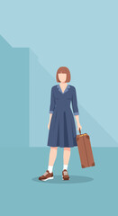 Woman with bob haircut in blue dress holding brown suitcase.