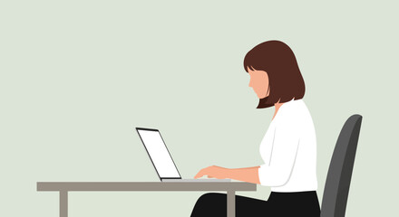 Woman with Brown Bob Working on Laptop at Desk in Office Setting.