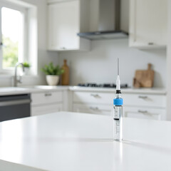 Syringe with blue cap standing upright on white kitchen counter in modern home interior.