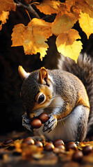 Obraz premium Close-up of a gray squirrel, actively eating nuts. Golden autumn leaves cascade over the scene