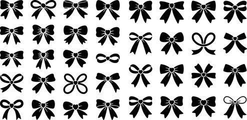 Ribbon bow icon set, vector coquettish cute knot, romantic love doodle vintage accessory collection. Holiday gift decoration silhouette, birthday elegant design element. Feminine Valentine ribbon bow