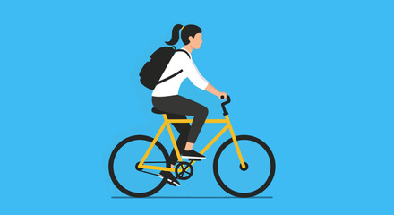 Woman with Ponytail Riding a Yellow Bicycle with Black Backpack.