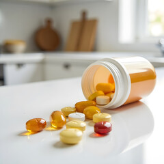 Open orange pill bottle with assorted capsules and tablets scattered on a glossy white kitchen counter, bright home background, healthcare concept