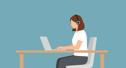 Woman with Headphones Working on Laptop at Desk in Minimalist Style.