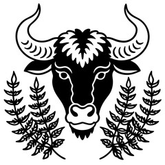 Stylized bull head with foliage silhouette isolated on white background