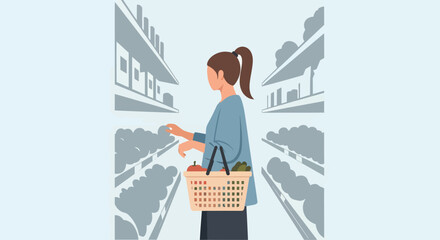 Woman with Ponytail Shopping for Groceries with Wicker Basket in Supermarket.