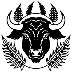 Bull head with fern leaves silhouette isolated on white background