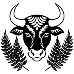 Stylized bull head with fern leaves silhouette isolated on white background
