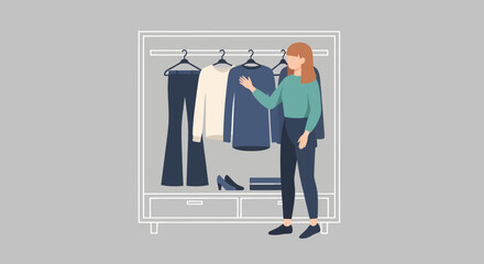 Woman with Red Hair Choosing Clothes from a Minimalist Wardrobe.