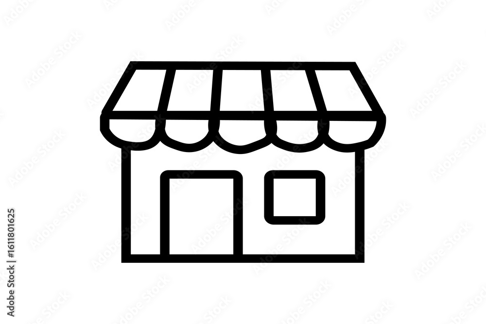 Poster the image is a black and white line-art icon of a small storefront or shop. it features a building w
