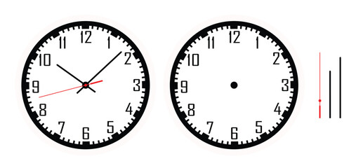 Realistic simple minimalist round hanging wall clock isolated with classic dial, hour and minute pointers, simple modern design, isolated on white background ideal for office home or infographic use.