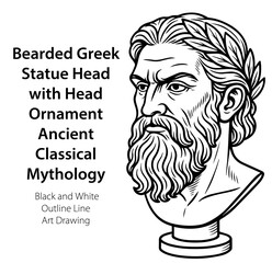 Bearded Greek Statue Head with Head Ornament Ancient Classical Mythology Black and White Outline Line Art Drawing Portrait