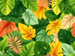 Fototapeta premium Seamless tropical leaves pattern in summer color palette,background design