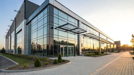 Fototapeta premium Modern Architecture: Exterior of Glass Building with Reflective Windows and Contemporary Design at Twilight.