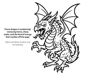 Fierce dragon is awakening! menacing horns, sharp scales Black and White Outline Line Art Drawing Portrait