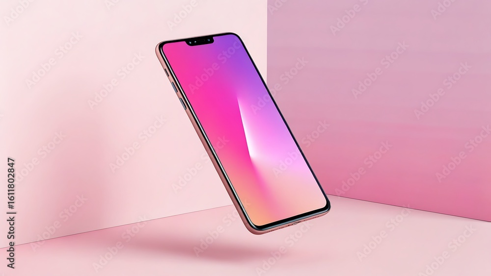 Poster modern floating device with gradient screen on pastel pink background for tech showcase and presenta