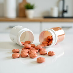 Two white pill bottles tipped over with orange tablets spilling out, photographed on a white table, kitchen background, concept of healthcare and medication