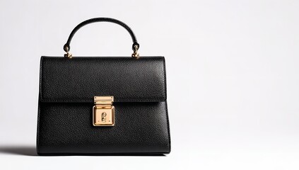 Black Leather Handbag with Gold Lock on White Background – Luxury Fashion Accessory Product Photo