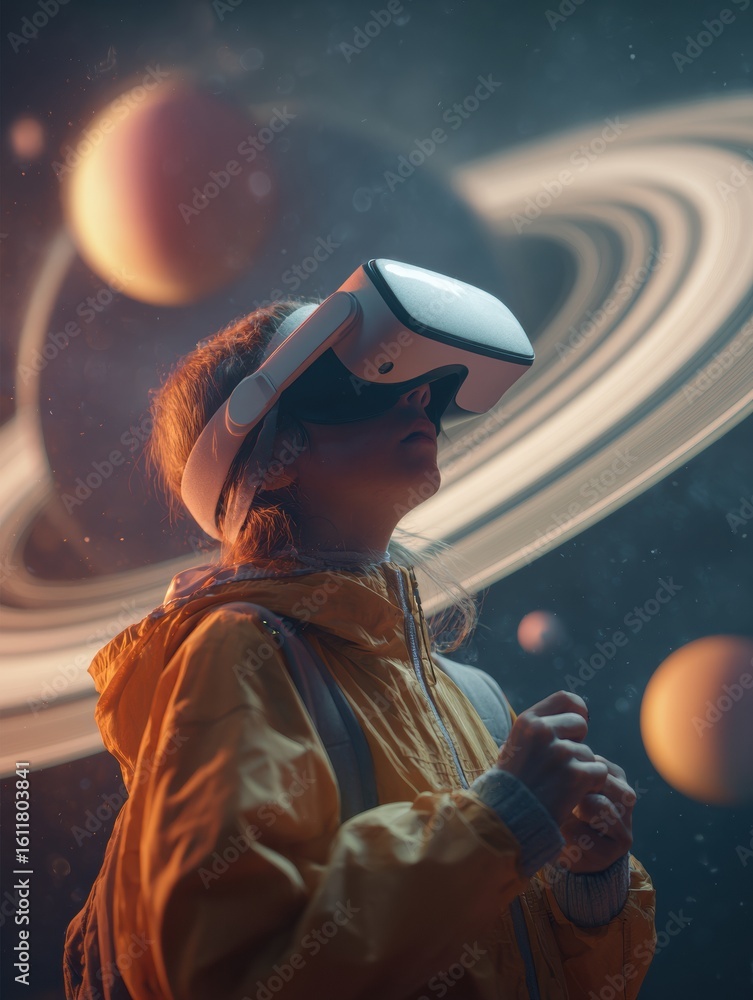 Poster student explores the wonders of the solar system using virtual reality technology in a mystical spac