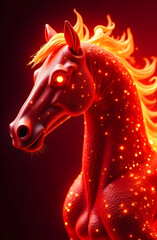 Fiery glowing horse with illuminated mane and sparks on dark background fantasy theme.